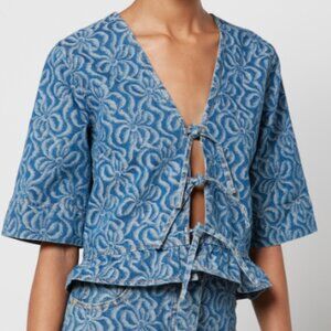 Ganni Tie-Front Jacquard-Denim Blouse